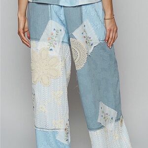 POL- NWOT MIXED PRINT EMBROIDERED PATCHED PANTS IN SKY BLUE